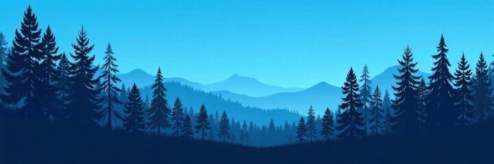 Silhouette of tall forest trees against a blue sky, peaceful atmosphere, blue silhouettes of trees,