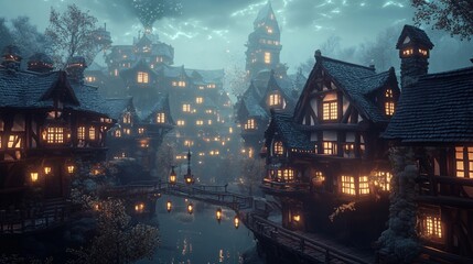 Obraz premium Fantasy Village at Dusk with Enchanted Wooden Houses and Glowing Lanterns