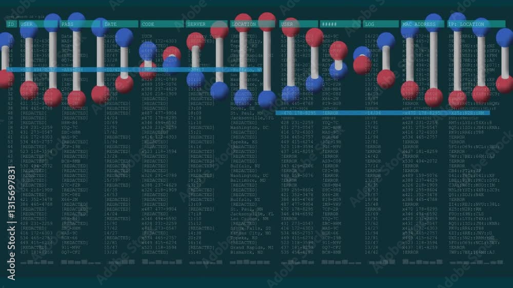 Poster molecular structure animation over digital data and code on dark background