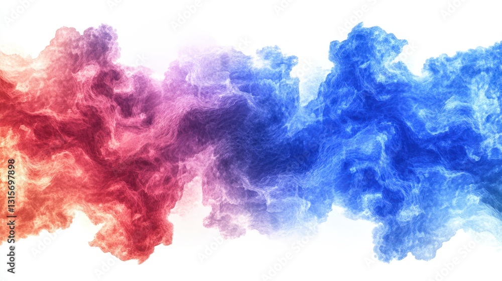 Poster a surreal fusion of blue and red fractal clouds, expanding and shifting in a mesmerizing abstract fo
