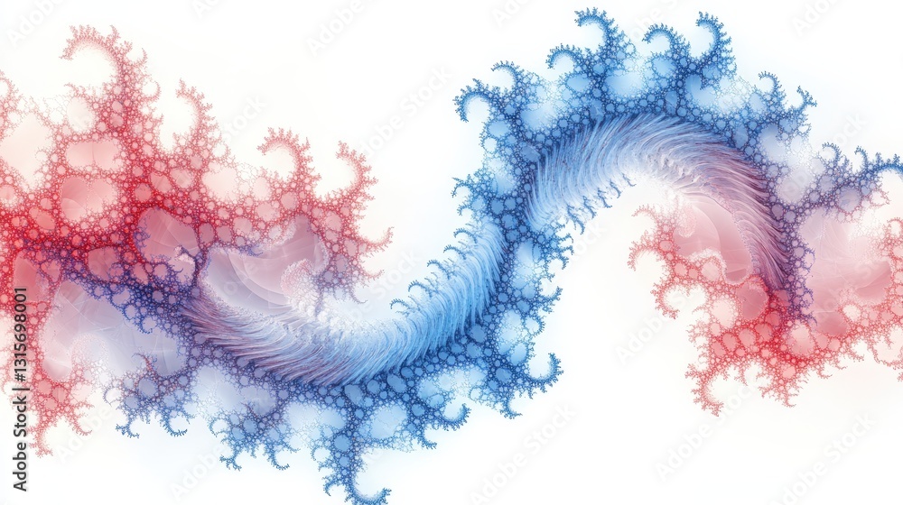 Poster a surreal fusion of blue and red fractal clouds, expanding and shifting in a mesmerizing abstract fo
