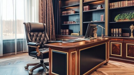 A luxurious executive office with a large wooden desk, leather chair, and decorative bookshelf.