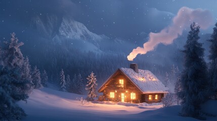 Fototapeta premium Idyllic winter scene: Warm cabin glows amidst snowy alpine wonderland