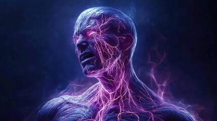 A terrifying monster with skin resembling human muscle tissue, its veins pulsating with eerie bioluminescence