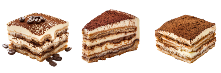 Set of A slice of decadent tiramisu with cocoa dusting, isolated white transparent background