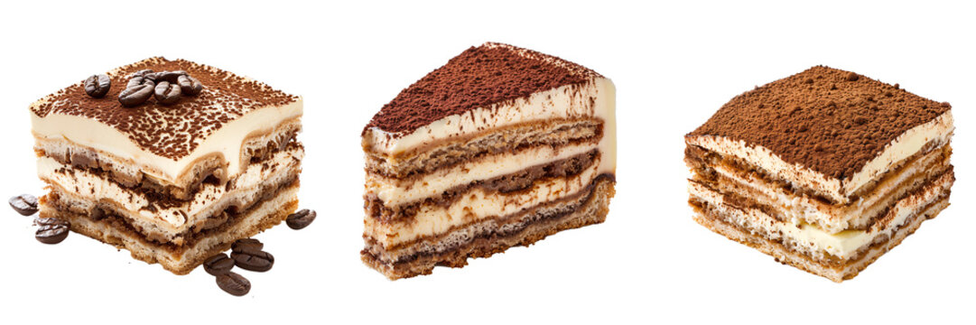 Set of A slice of decadent tiramisu with cocoa dusting, isolated white transparent background