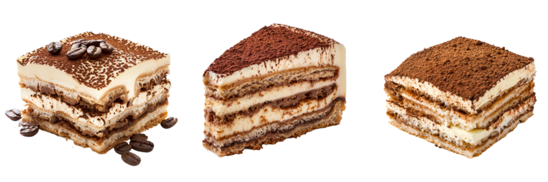 Set of A slice of decadent tiramisu with cocoa dusting, isolated white transparent background