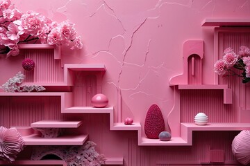 Abstract Pink Artwork Featuring Creative Structures and Decorative Elements