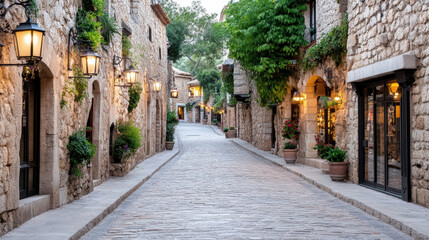 Fototapeta premium charming historic street with cobblestone pavement and warm lights