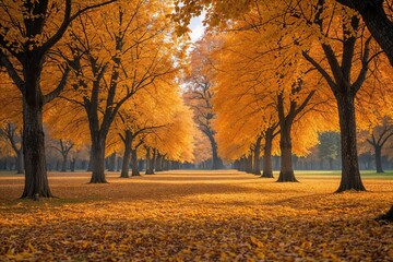 Fototapeta premium Breathtaking Autumn Landscape of Golden Hazel Trees in a Serene Park