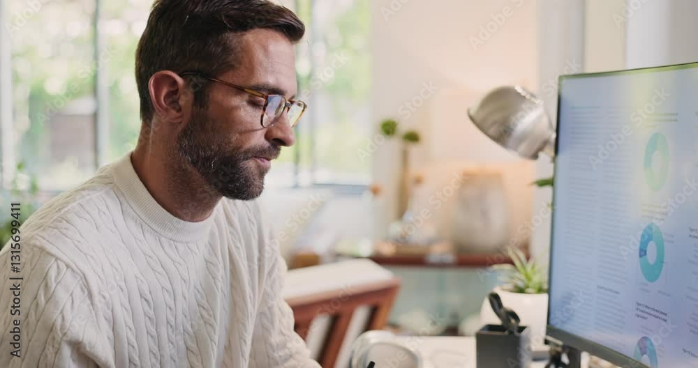 Poster Computer screen, reading and thinking with man in home office for remote work as stock market investor. Graphs, statistics or trading and portfolio manager writing in apartment for problem solving