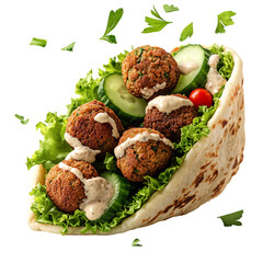 Crispy Falafel Pita with Tahini Sauce Cucumber and Lettuce Isolated on Transparent Background
