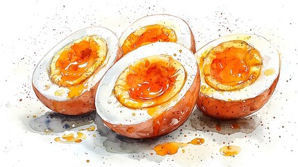Watercolor illustration of halved soy sauce eggs, glistening, on white background
