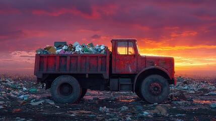 Obraz premium Rusty Red Dump Truck Loaded with Garbage at Sunset Dramatic Dusk Landfill Waste Disposal Environmental Pollution