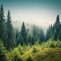 Misty Forest Landscape – Tranquil Evergreen Trees in Morning Fog Generated Image