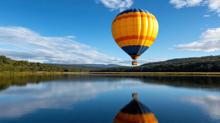 Fototapeta premium serene hot air balloon floats over tranquil lake, reflecting in water