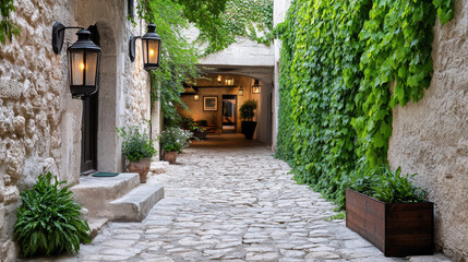 Obraz premium serene medieval alleyway with cobblestones and lush ivy