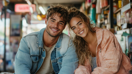 Happy couple smiling together in vibrant market setting, enjoying life