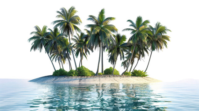 Tropical island with palm trees on transparent background reflecting on water