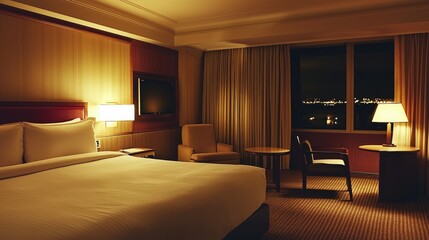Cozy and Elegant Hotel Room with Comfortable Bed and Soft Lighting at Night with Scenic City View Through the Window