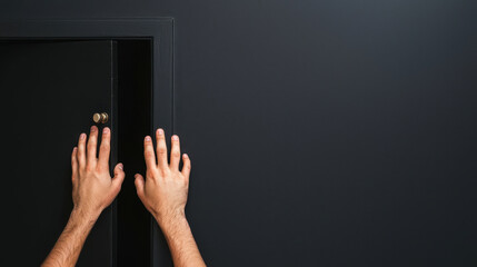 Entrepreneur thinking outside the box. Close up shot of hands unlocking door with dark background
