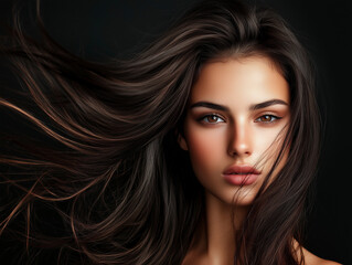 Fototapeta premium beautiful woman with flowing hair against dark background, showcasing her striking features and captivating expression. Her hair moves gracefully, adding to allure
