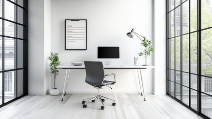 Fototapeta premium A sleek and modern workspace with a minimalistic design, an ergonomic chair, and a motivational quote on the wall.