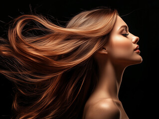 Fototapeta premium woman with flowing, shiny hair poses gracefully against dark background, showcasing her beautiful locks. image captures elegance and movement of her hair, creating striking visual