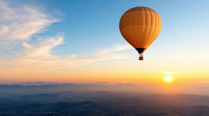 Obraz premium hot air balloon floats in sky at sunrise, creating serene atmosphere