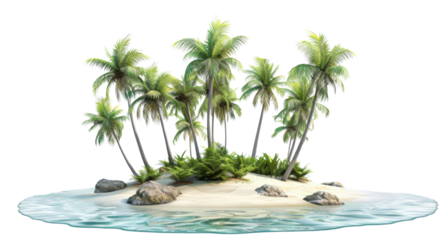 Tropical island with palm trees growing on transparent background - Powered by Adobe