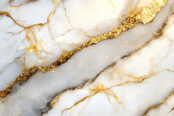 Elegant marble texture with white and gold color scheme, featuring intricate patterns and luxurious feel. Perfect for decorative backgrounds and design projects