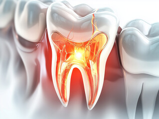 detailed illustration of tooth with inflamed root canal, showcasing inner structure and nerves. This highlights dental health and treatment options