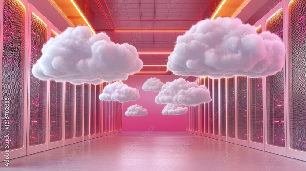Poster futuristic cloud computing data center server room digital clouds scalability efficien