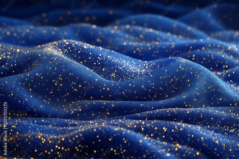 Poster blue fabric with golden sparkles creating soft undulating waves
