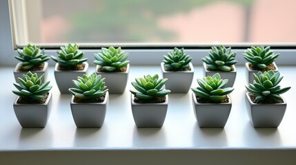 Arranged Succulent Plants in Minimalist White Pots on a Windowsill Bathed in Soft Natural Light a Vibrant Indoor Garden Space