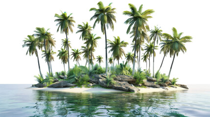 Obraz premium Tropical island with palm trees surrounded by crystal clear water on transparent background