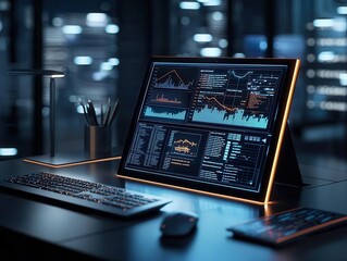 Futuristic financial planner s desk with a glowing bond certificate as centerpiece, longterm bonds, modern financial planning tool