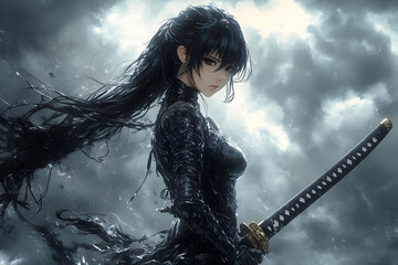 Dark-haired woman in black attire, holding katana, windswept hair, dramatic sky