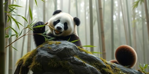 A fluffy giant panda munches bamboo leaves atop a moss-covered rock in a misty bamboo forest, green, foliage