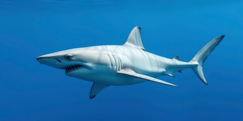 Obraz premium A great white shark glides effortlessly through the deep blue ocean, marine life, great white shark