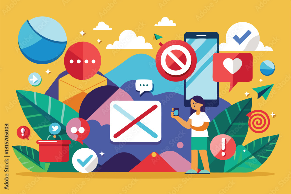 Poster a person stands with a smartphone, surrounded by colorful icons symbolizing social media rejection a