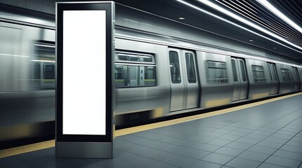 Blank advertising billboard in a modern subway station with a moving train in the background, ideal mockup space for urban advertising, branding, or commercial promotions


