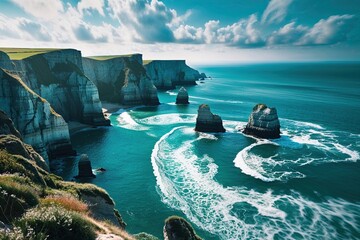 Vibrant Teal Bokeh Background Inspired by Scenic Coastal Cliffs