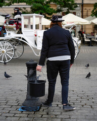 Dressed in vintage style, a woman tending to the fountain with a bucket, amidst a lively square filled with people and pigeons