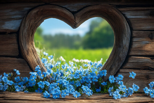 a heart-shaped window cutout on an old wooden wall.