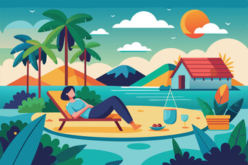 A person relaxes on a lounge chair by the beach, enjoying a peaceful sunset surrounded by nature, Relaxation Customizable Flat Illustration