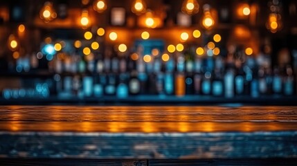 Rustic bar counter in dimly lit tavern