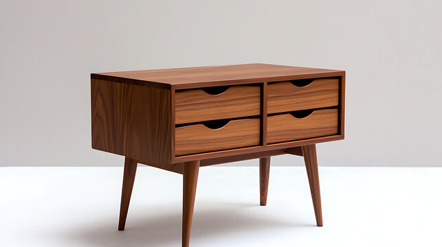 A wooden table with four drawers sits on a white background
