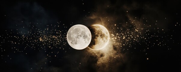 The full moon and crescent moon orbiting each other in a mesmerizing cosmic dance, luminous constellations trailing their motion