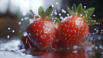 Fresh strawberries splashing in water, showcasing their vibrant color and freshness.